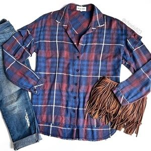 Bella Dahl Frayed Ruffled Plaid Button Down Top